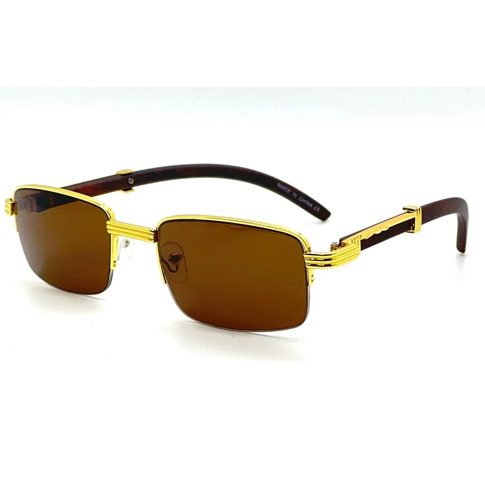 Gold Frame Sunglasses Brown Lens Wood Arms Men's Rectangular Buffs Shades Classy